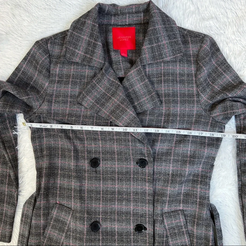 NWOT Jennifer Lopez Gray Plaid Belted Wrap Tie Waist Trench Coat Red Small - Picture 12 of 12